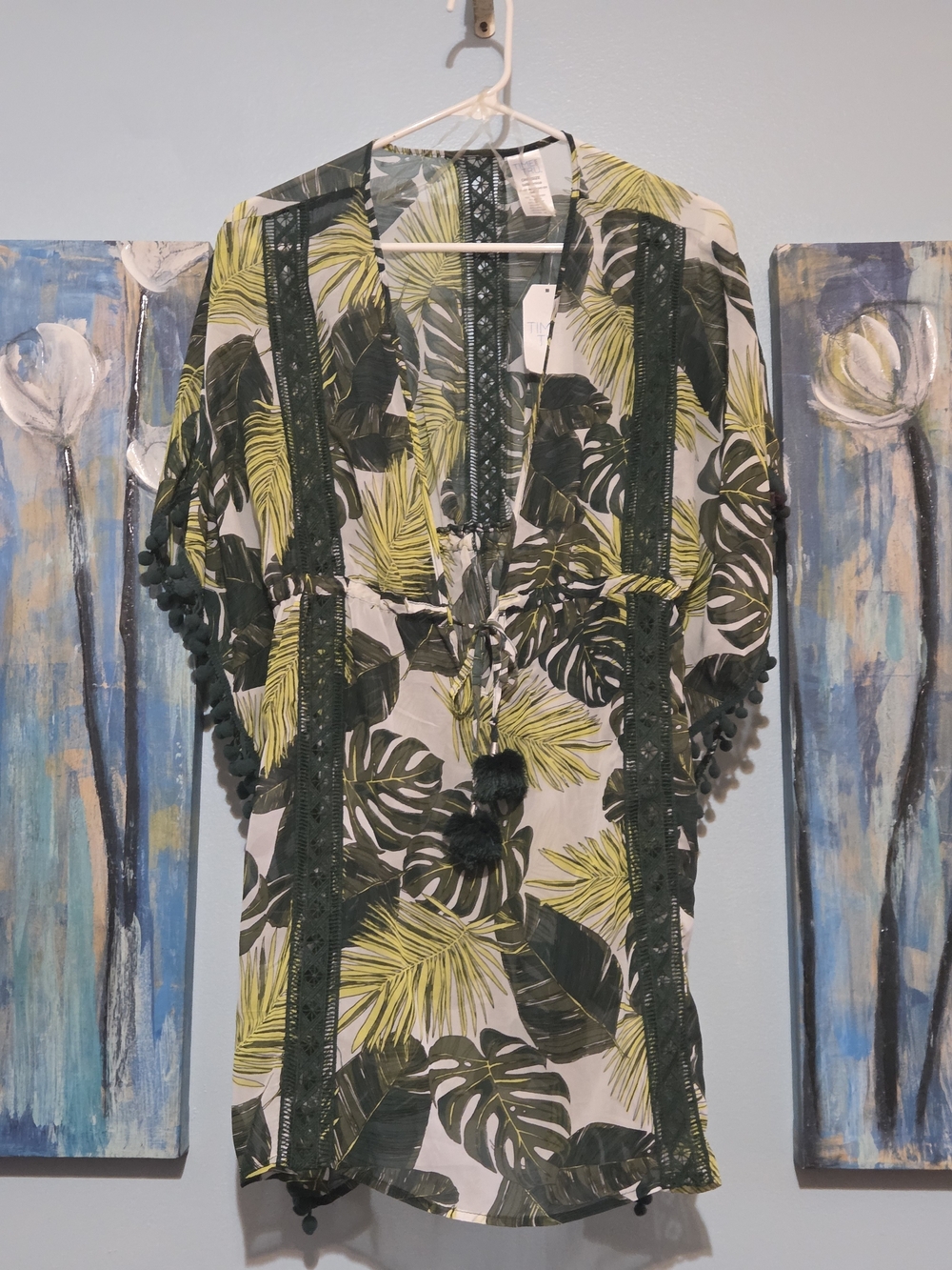 Time and Tru Green and White Tropical Leaf Tassel Swim Coverup
